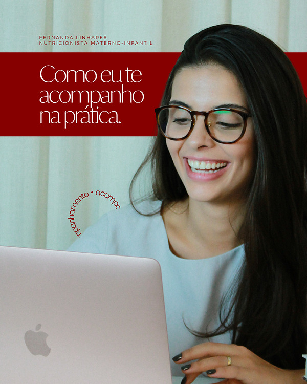 Post “Como eu te acompanho na prática”, com Fernanda Linhares sorrindo em frente ao notebook