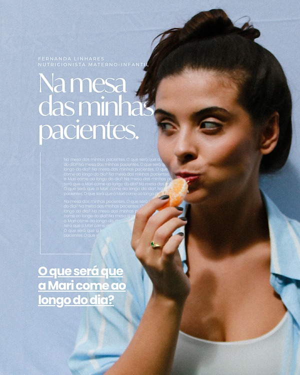 Post “Na mesa das minhas pacientes”, com mulher comendo um gomo de tangerina
